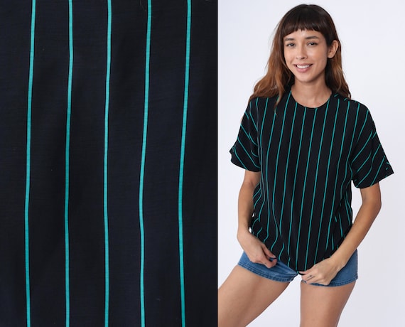 80s Top Black Striped Shirt Turquoise Blue Shirt Slouchy Short Sleeve Shirt Blouse Casual Basic Vintage 1980s Rayon Medium