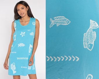 Fish Tank Dress 90s Cancun Seashell Beach Tshirt Dress Mexico Tropical Mini Dress Coverup 1990s Vintage Shift Short Sleeve Blue Medium