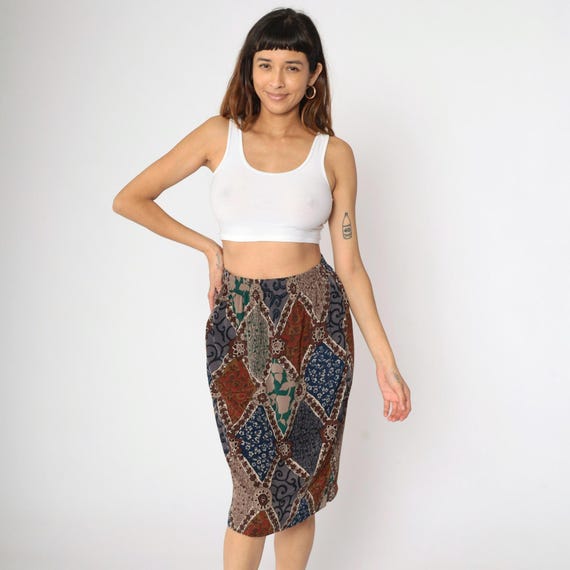 Patchwork Floral Midi Skirt 90s Geometric Mixed Print Red Grey Blue Summer Skirt Pencil Boho Print High Waisted 1990s Vintage Casual Medium