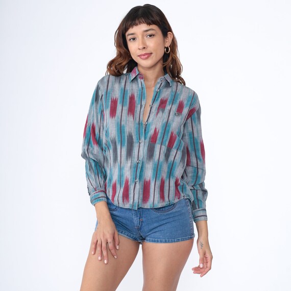 80s Ikat Shirt Grey Blue Striped Shirt Blouse Chest Pocket Button Up Top 1980s Vintage Boho Hippie Long Sleeve Bohemian Casual Red Small
