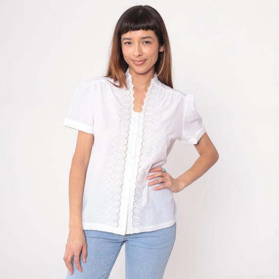White Lace Blouse 80s Cottagecore Prairie Embroidered Trim Vintage Office Casual Feminine Dress Top Work Professional Business Shirt Large L