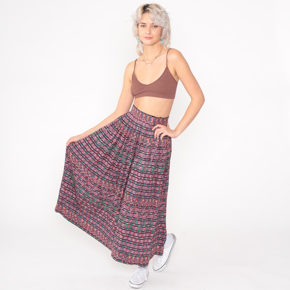 Vintage Silk Skirt 80s Oscar de la Renta Colorful Geometric Print High Waist Psychedelic Southwest Full Midi 1980s ODLR Extra Small xs