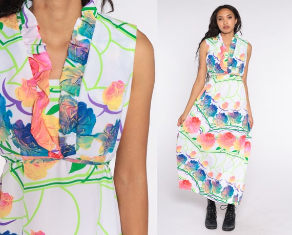 70s Floral Dress Boho White Rose Print Dress Maxi V NECK Empire Waist Hippie 1970s Vintage Bohemian Sleeveless Summer Neon Medium