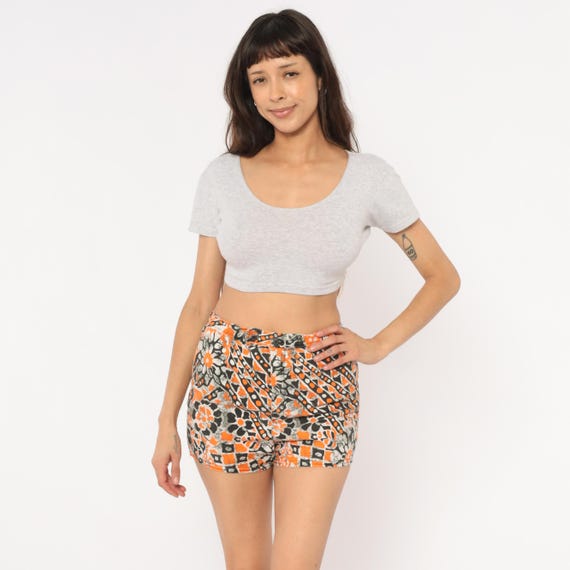 80s Psychedelic Floral Shorts Orange Black Cotton Button Front High Rise Print Tropical Summer Beach Surf Swim Trunks Unisex Small S