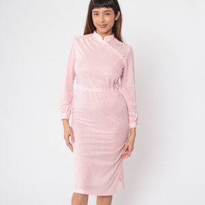 70s Mandarin Collar Dress Baby Pink Striped Midi Dress Semi-Sheer Cheongsam Dress Long Sleeve High Waist Retro Vintage 1970s Small xs