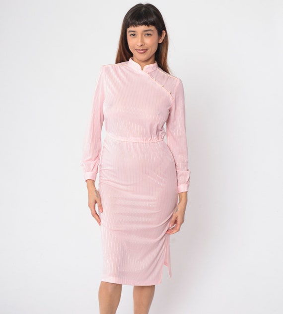 70s Mandarin Collar Dress Baby Pink Striped Midi Dress Semi-Sheer Cheongsam Dress Long Sleeve High Waist Retro Vintage 1970s Small xs