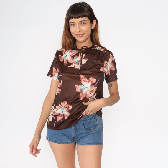 70s Keyhole Blouse Brown Floral Shirt Boho Cutout Bow Tropical Ruffle Collar Bohemian Top Short Sleeve Shirt 1970s Festival Seventies Medium