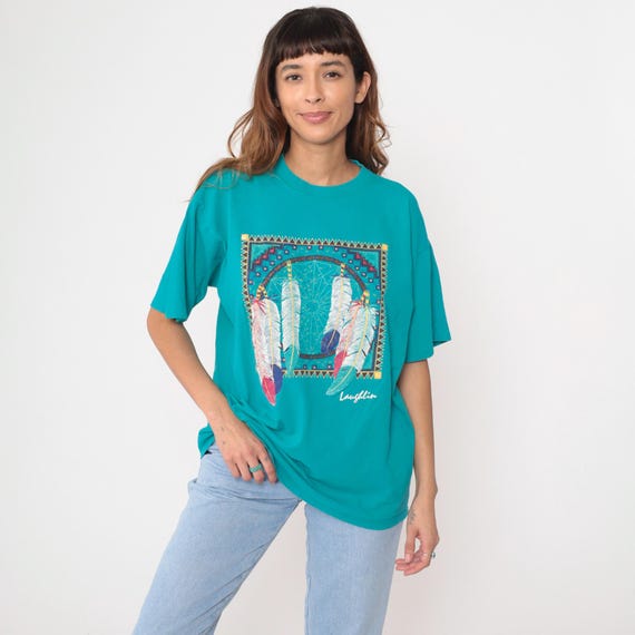 90s Feather Shirt Laughlin Nevada Dreamcatcher Turquoise Southwestern Tribal Print Vintage 1990s Oversized Cotton Large L