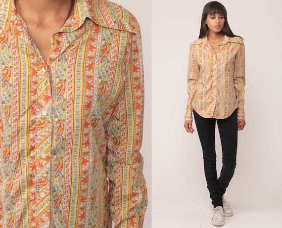 Boho Shirt PAISLEY Print 70s Blouse SAKS Fifth Avenue Disco Top Hippie Striped 1970s Vintage Bohemian Button Up Hipster Long Sleeve Medium