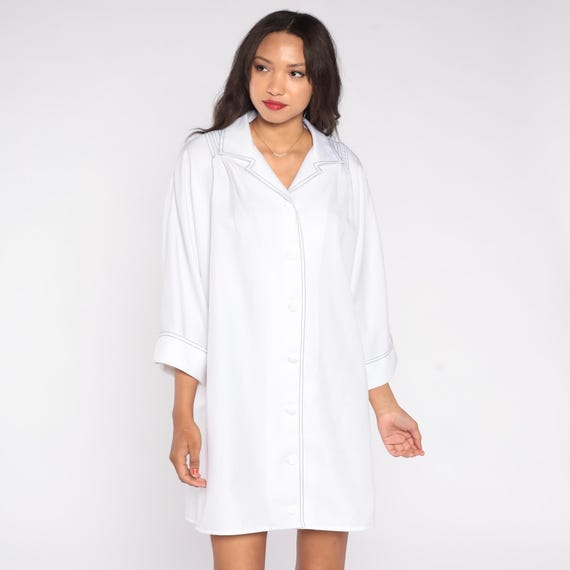 70s Lounge Dress White Shirt Midi Mini Collar Contrast Stitching Three Quarter Sleeve Mod Chic Elegant Simple Classic Vintage Extra Large XL