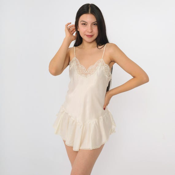 80s White Slip Dress 1980s Drop Waist Chemise Lingerie Nylon Micro Mini V Neck Vintage Lace Trim Spaghetti Strap Bohemian Extra Small xs