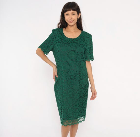 Emerald Lace Dress 90s Floral Scalloped Hem Short Sleeve Forest Green Shift My Michelle Lined Evening Party Cocktail Vintage Extra Large XL