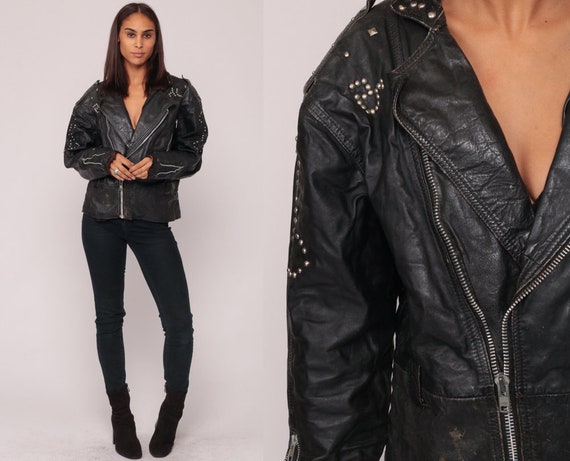 Studded Leather Jacket 80s Black MOTORCYCLE Biker DOG BONE 1980s Vintage Moto Punk Rock Hipster Coat Distressed Zippered Large xl