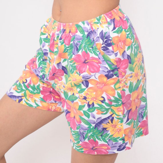 Tropical Floral Shorts 90s Bright Flower Leaf Print Shorts Summer High Elastic Waisted Baggy Mid Length Vintage 1990s Small Medium xs