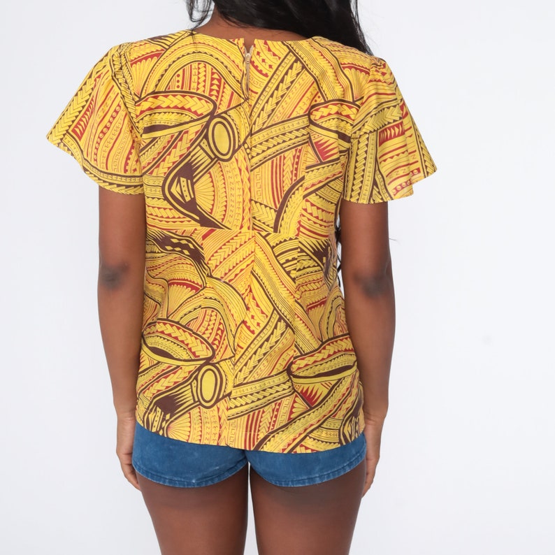 African Babydoll Top 70s Hippie Shirt Puff Sleeve Boho Yellow Top Bohemian Tribal Empire Waist Shirt Vintage Short Sleeve Medium image 6