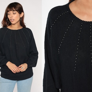 Schwarzer Perlen Pullover 80er Jahre Pullover Strick Fledermaus Pullover Dolman Ärmel Pullover Retro Nieten Boho Wolle Mischung Vintage 1980er Jahre Small Medium