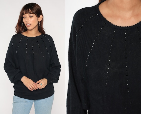 Black Beaded Sweater 80s Pullover Knit Batwing Sweater Dolman Sleeve Jumper Retro Studded Bohemian Wool Blend Vintage 1980s Small Medium