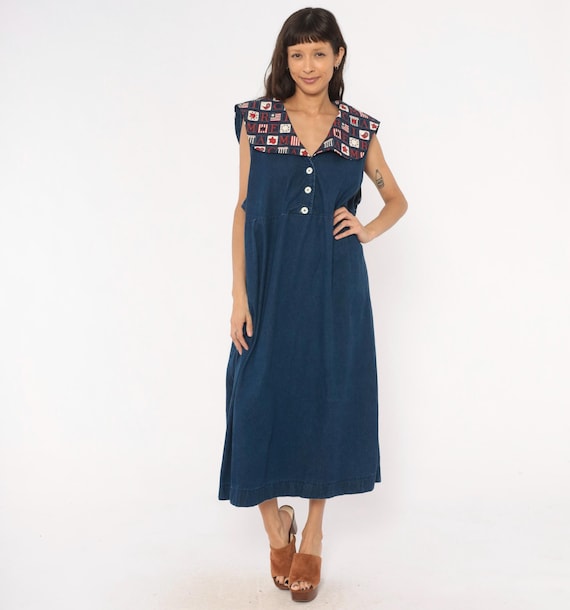 Americana Patchwork Denim Dress 90s Sleeveless Blue Cotton Button Front Patriotic Collar Jumper Loose Fit Plus Size Extra Extra Large XXL