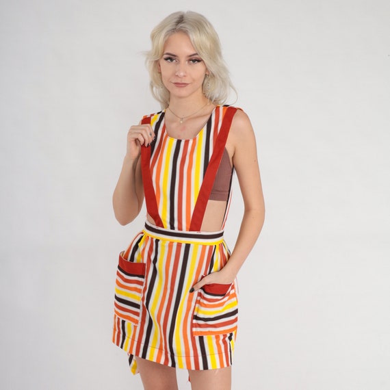 70s Apron Mod Striped Open Back Diner Uniform Seventies Dress Pinafore Sleeveless Jumper Dress White Yellow Brown Orange Vintage 1970s XS