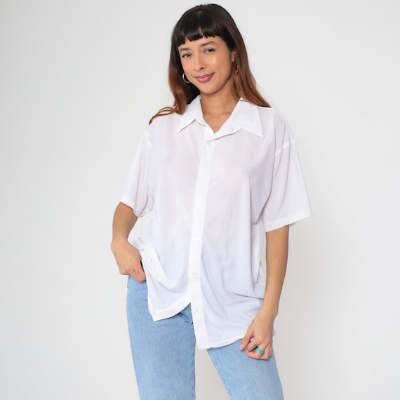 Vintage Plain White Shirt 90s Ribbed Button Up Shirt Semi-Sheer Simple Collared Short Sleeve Preppy Basic Top 1990s Men's Extra Large xl