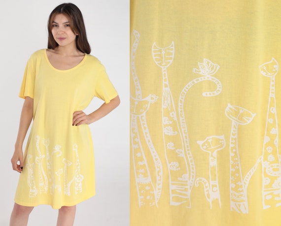 Cat T Shirt Dress 90s Yellow Cartoon Animal Tshirt Dress Nightie Mini Scoop Neck Shift Beach Cover Up Kawaii Dress Vintage Medium