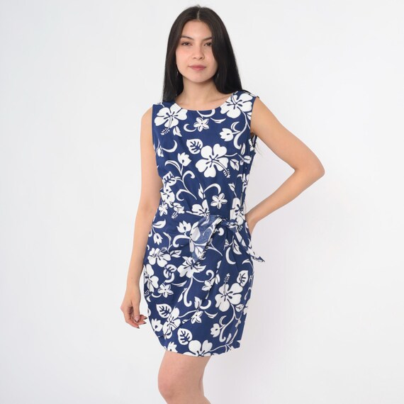 Vintage Hawaiian Sun Dress 90s Blue Floral Tropical Print Mini Sundress Wrap Skirt Summer 1990s Sleeveless Sheath Minidress Puanani Small