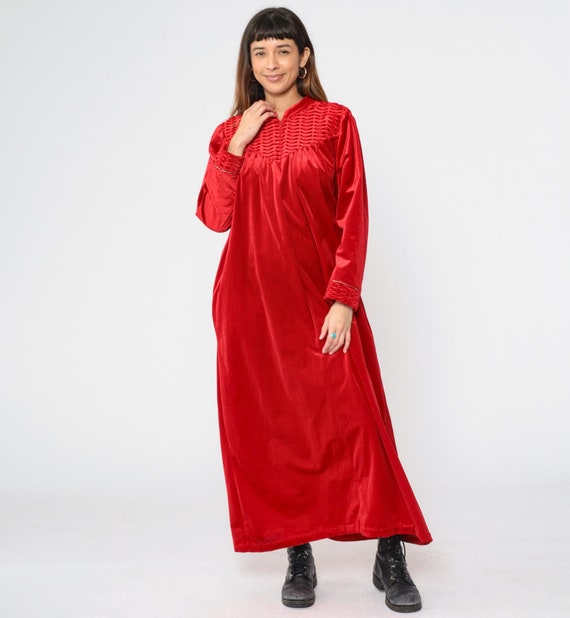 Velour Robe Dress 90s Red Maxi Tent Dress Zip Up Nightie Retro Nightgown Long Sleeve House Pajama Vintage 1990s Loungewear Large xl
