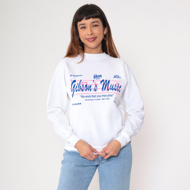 Gibson's Music Sweatshirt 90s Corbin, Kentucky Music Store Graphic Shirt Gibson USA Yamaha White Raglan Sleeve Vintage 1990s Hanes Small S image 3