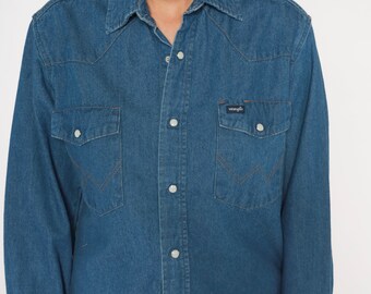 ShopExile Wrangler Denim Shirt Y2K Pearl Snap Blue Jean Button Up Top Long Sleeve Plain Basic Western Streetwear Boyfriend Vintage 00S Mens Medium 15
