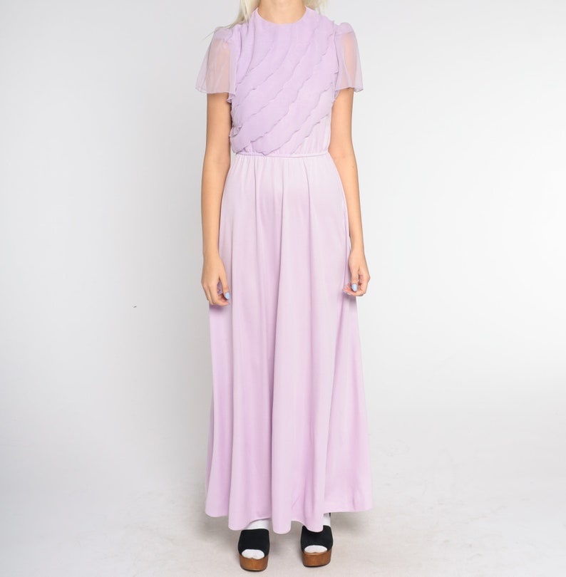 Lavender Party Dress 70s Maxi Dress Asymmetrical Chiffon Ruffle Sheer Puff Sleeve High Waisted Formal Pastel Purple Gown Vintage 1970s Small image 8