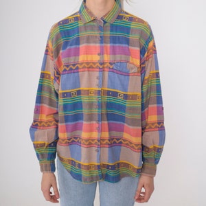 Geometric Checkered Shirt 80s 90s Southwestern Plaid Button Up Blouse Zig Zag Chevron Collared Vintage Long Sleeve Blue Pink Taupe Large image 9