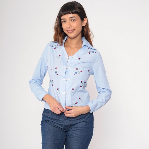 Floral Embroidered Blouse 90s Light Blue Chinese Knot Button up Top Long Sleeve Shirt Flower Boho Hippie Dagger Collar Vintage 1990s Small S