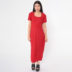 Vintage Red Embroidered Dress 90s Button Side Midi Dress Geometric Print Short Sleeve Empire Waist Day Grunge 1990s Retro Scoop Neck Small 6