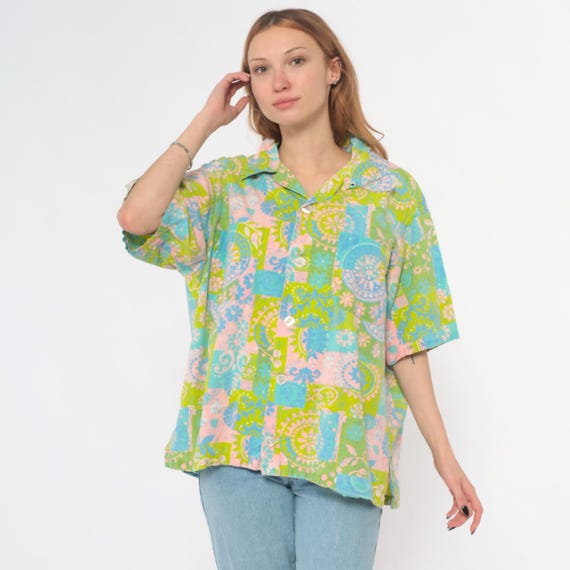 70s Psychedelic Shirt Paisley Patchwork Shirt Green Pink Blue Pastel Floral Cotton Disco Psychedelic Collar Top Summer Blouse Extra Large XL