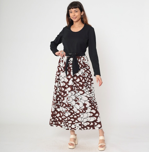 70s Maxi Dress Psychedelic Brown White Print High Waisted Bohemian Vintage 1970s A-Line Long 1970s Boho Long sleeve Black Hippy Large L