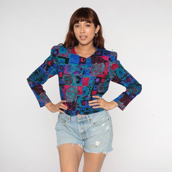 Patchwork Blouse 90s Abstract Print Button Front … - image 4