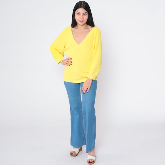 Yellow Sweater 80s Pullover Knit V Neck Sweater Plain Low Open Back Jumper Retro Basic Spring Minimalist Solid Cotton Vintage 1980s Small S