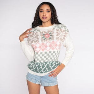 White Floral Knit Sweater 80s 90s Embroidered Rose Grunge Slouchy 1980s 1990s Grandma Pullover Vintage Argyle Checkered Green Pink Medium