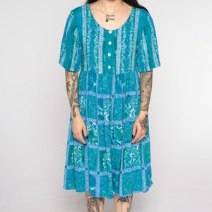 Floral Grunge Dress 90s Blue Striped Dress Button Up Boho Midi 80s 1990s High Waist Bohemian Short Sleeve Rayon Flower Pattern Medium image 6