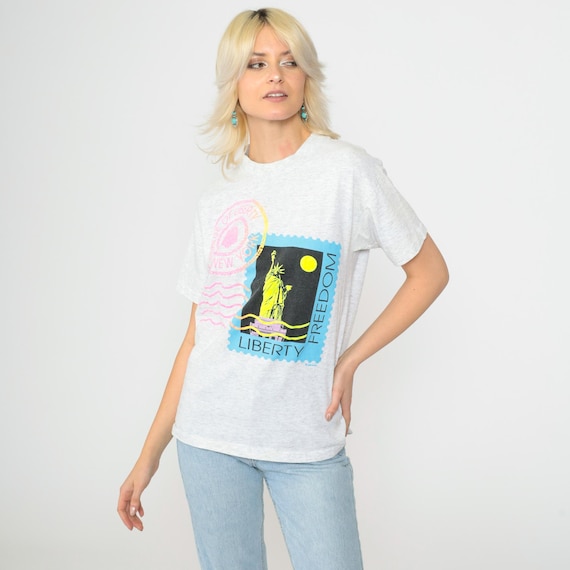 90s New York Shirt Statue Of Liberty Shirt NYC Shirt Neon Grey Retro TShirt New York City Vintage t Shirt 90s Travel Graphic Tee Small S