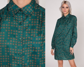 Checkered Mini Dress 80s Green Button Up Shirtdress Retro Secretary Geometric Square Print Long Sleeve Collared Shift Vintage 1980s Medium M