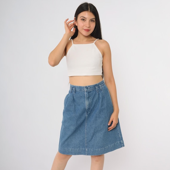 Denim Skirt 90s Lands End High Waist A Line Midi Classic Blue Jean Vintage Preppy Casual American Heritage Style Cotton Timeless Large L
