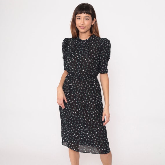 80s Floral Dress Black Blouson Secretary Dress Puff Sleeve Midi Button Back Slouchy Vintage Boho High Waisted Semi-Sheer Bohemian Small S
