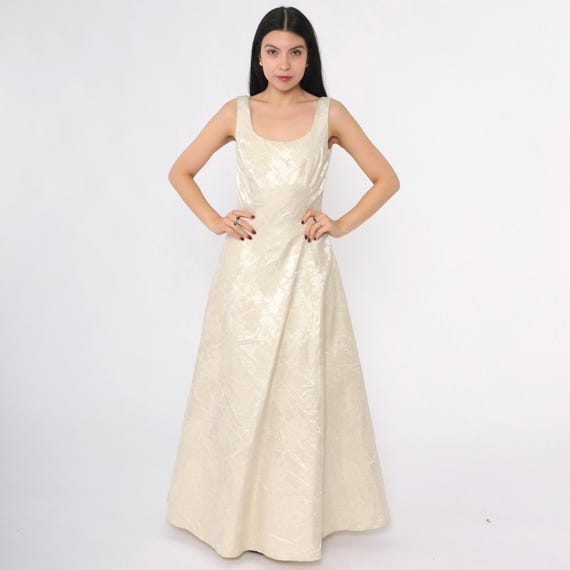 Vintage 90s Jessica McClintock Gown Ivory Floral Brocade Dress Scoop Neck A-Line Maxi Gunne Sax 1990s Metallic Gold Formal Small S 4