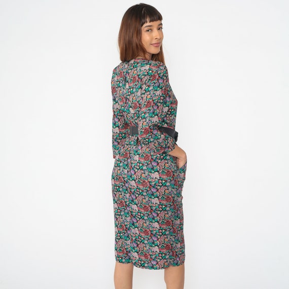 80s Floral Dress Sheath Midi Dress Button Up Back… - image 4