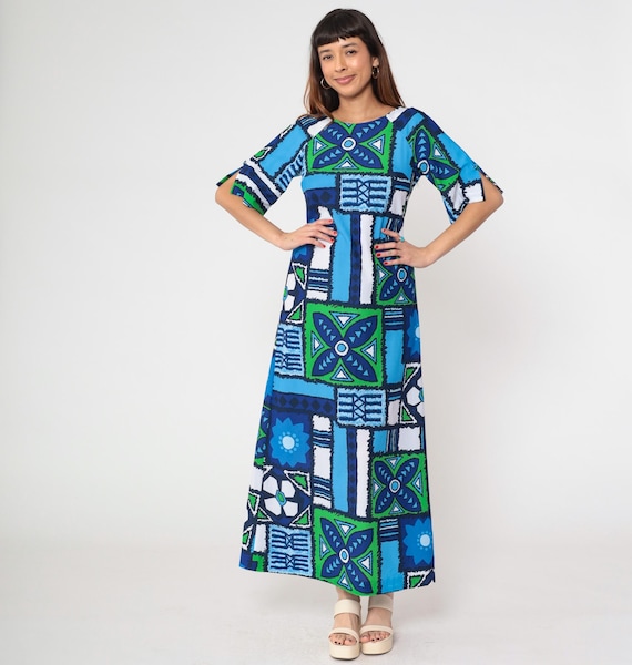 70s Hawaiian Maxi Dress Blue Green Tropical Surfside Geometric Abstract Print Short Sleeve Vacation Resort Tiki Lounge Island Medium M