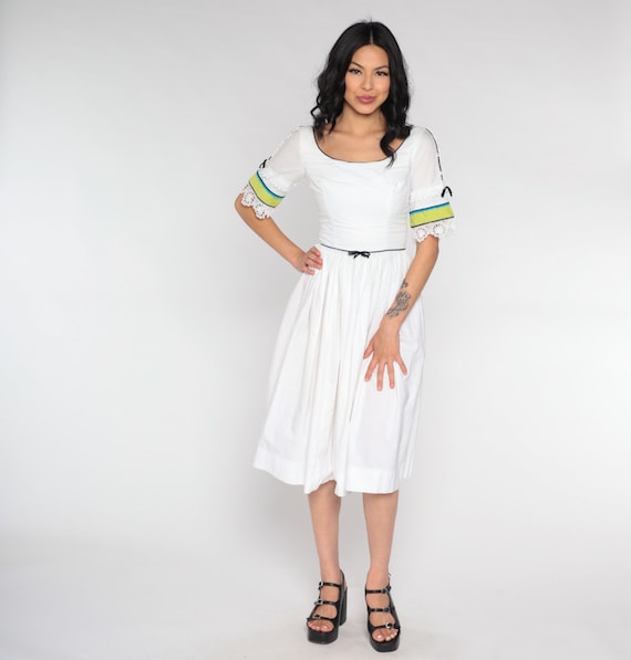 60s Day Dress White Tea Length Midi Crochet Lace Trim Striped Short Sleeve Full Skirt High Waist Vintage 1960s Pin Up Rockabilly 2xs xxs