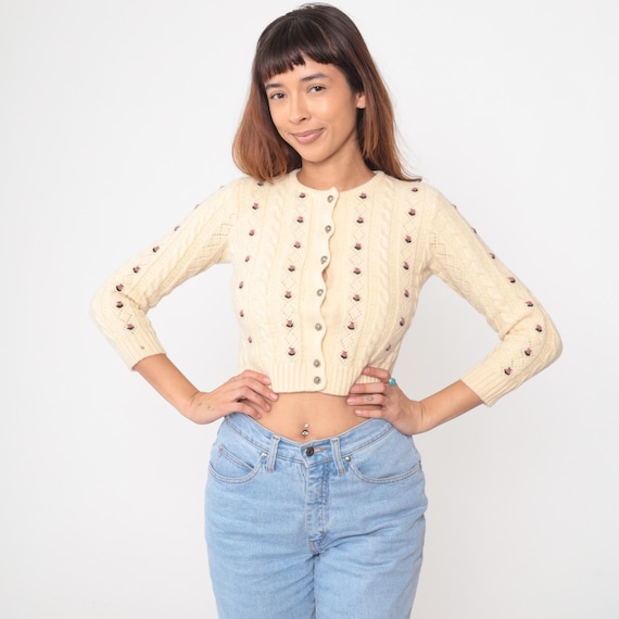 Embroidered Rose Cardigan 80s Cream Wool Cable Knit Cropped Sweater Cottagecore Coquette Preppy Academia Vintage Floral Extra Small XS
