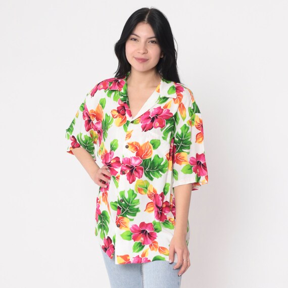 White Hawaiian Shirt 90s Tropical Floral Button Up Retro Summer Short Sleeve Hibiscus Flower Leaf Print Top Aloha Surfer 1990s Vintage Large