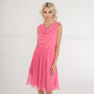 Pink Party Dress 70s Chiffon Mini Dress Sleeveless Cowl Neck High Waisted Bow Belt Pleated Evening Cocktail Prom Formal Vintage 1970s XS